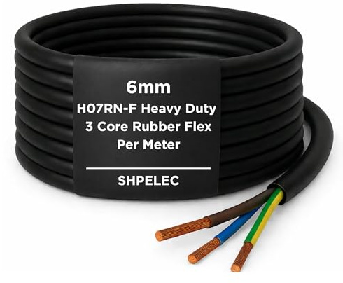 SHPELEC® H07RN-F Rubber Flexible Power & Control Cable 3 Core 6mm² – Heavy Duty Industrial Use for Outdoor & Workshop Applications – Oil, Water & UV Resistant - 1m