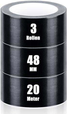 iuqiepo 3 Rollen Panzertape, Gewebeklebeband 20m x 48mm, Wasserfestes Reparaturband für Innen und Außen, Handreißbares Panzerband, Hochklebendes Panzertape Schwarz