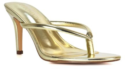 ESSEX GLAM Women's Toe Post Stiletto Heel Sandals Ladies Gold Metallic Slip On Heeled Mule Evening Party Shoes Size 4