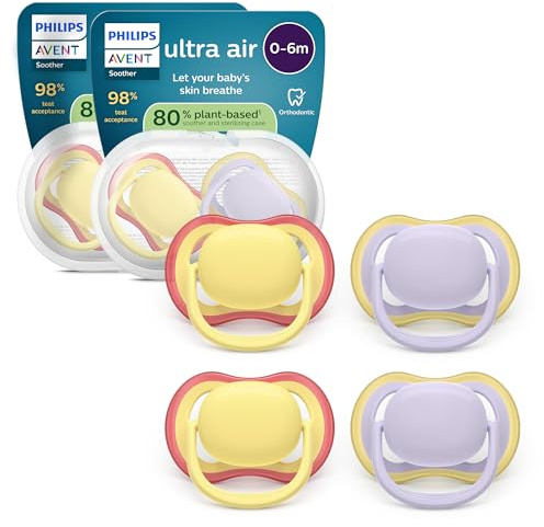 Philips Avent Ultra Air Soothers - Orthodontic Design, for Babies 0-6 Months, Soft Silicone Symmetrical Teat, BPA-Free, 2 Sterilizing Cases, 4 Pack, SCF087/20