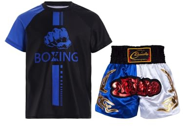 MSemis Kinder Muay Thai Kleidung Jungen Kurzarm Kickbox T-Shirt Und Kurze Hose Zweiteiliger Boxing Fitness Trainingsanzug Blau Weiss A 170