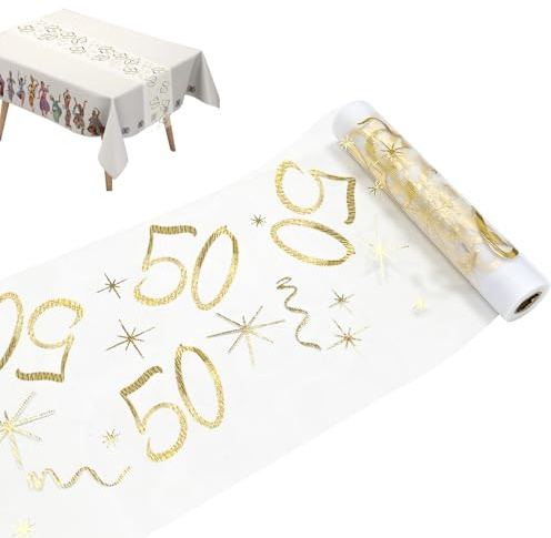 Runner per 50° Compleanno in Oro Lucido, Rotolo Decorativo da Ritagliare 28 cm x 10 m per Tavola, Decorazione per Festa di 50 Anni Donna e Uomo
