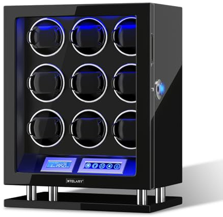 XTELARY Caricaorologi, blocco delle impronte digitali, caricaorologi automatico per 3/4/6/8/9/12 con schermo LCD, telecomando, LED blu, motore silenzioso e cuscino regolabile per uomini e donne, Nero