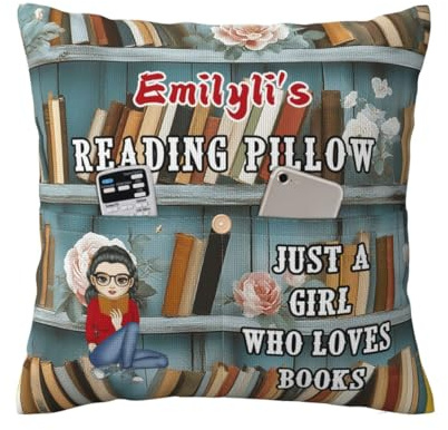 Personalized Book Reading Pocket Pillowcase Custom Just A Girl Who Loves Books Pillow Cover with Name Portrait Bookworm Pillow Covers Book Lover Gifts for Reader Friends Christmas Birthday,06