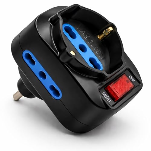 Topolenashop Adattatore Multipresa Tripla con Spina Rotante 10A – 2 Prese Bipasso 2P+T 10/16A + 1 Presa Schuko – Interruttore ON/OFF con Protezione Sovraccarico – Max 1500W – Salvaspazio XSL 1080N