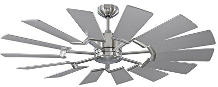 Monte Carlo 14PRR52BSD Prairie II Windmill Energy Star 52 Outdoor Ceiling Fan with LED Light and Hand Remote Control, 14 Wood Blades, Brushed Steel
