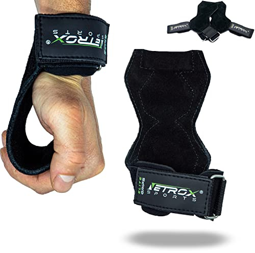NetroxSports - Elite Grips Fast Zughilfen für Krafttraining - echtes Leder - Fitness Lifting Straps für Kreuzheben, Bodybuilding mit Handgelenkschutz - Grip Zughilfe, Zughilfen Gym für Männer & Frauen