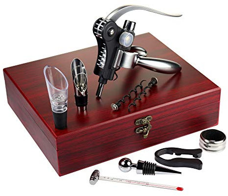 AMAVEL Set 10 Accessori per Vino da Sommelier, Confezione Design in Legno, Kit Degustazione Professionale per Aperitivo, Apribottiglie a Leva, Salvagoccia, Termometro, Regalo Uomo o Donna