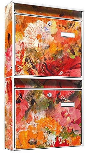 banjado Briefkastenanlage 2 Fach - 2 Briefkästen 36x64x10cm groß - Doppelbriefkasten Set - Namensschild, 2 Schlüssel, Montagematerial - Stahl verzinkt weiß - Motiv Fallende Blumen