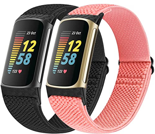 Vodtian Lot de 2 bracelets élastiques compatibles avec Fitbit Charge 5, bracelet de rechange extensible réglable en nylon tressé pour traqueur d'activité Charge 5, homme et femme