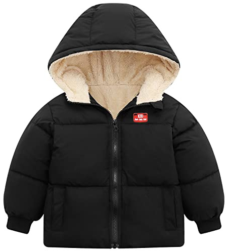UNICOMIDEA Black Toddler Winter Coat For 18-24 Months Long Sleeves Warm Hooded Baby Boy Girl Jacket Toddler Winter Plush Inside Casual 2nd Boys Zipper Outerwear For 2T Infant Outwear
