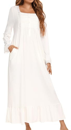 Homgro Women's Cotton Victorian Nightgown Long Sleeve Sleep Dress Lace Frill Calf Length Square Neck Billowy Old Fashioned Pajama Shirt Soft Sleepwear Long Nighty Pocket White Large