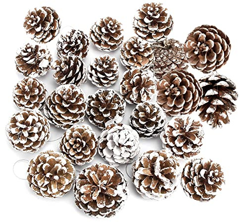 KY-Tech Pine Cones - 25pcs Natural Rustic Snow Pinecones with String - 4-5CM - Christmas Tree Decoration & DIY Wreath Making Supplies