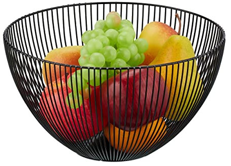 Relaxdays Corbeille à Fruits et légumes, en métal (Fer), Ronde, Panier au Design Moderne, H x D : 14 x 25 cm, Noire