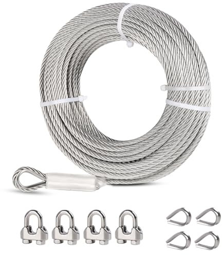 HANGER Stainless Steel Wire Rope - 6mm x 7.6m Marine Grade 7x19 Strand with Loops, Thimble & Clips for Zipline & Deck Railing