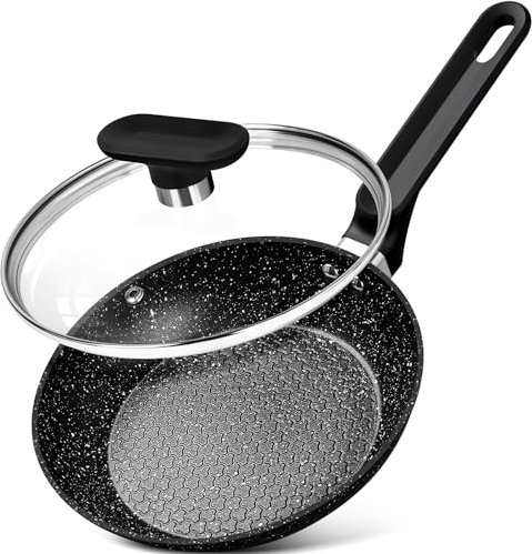 MICHELANGELO 20cm Small Frying Pan With Lid, Non-Stick Stone Coating, Healthy & Non-Toxic Granite, Black