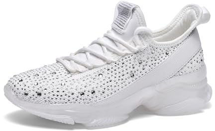 LUCKY STEP Damen Strass Sneaker Glitzer Mode Slip-on Turnschuhe (Weiß, 7US-37EU-4UK)