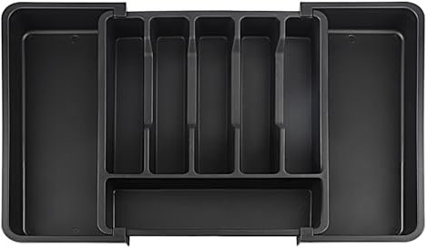 Salubohum Besteckhalter für Schubladen, Schubladeneinsatz Küche, Ausziehbarer Besteckkasten, Besteckkorb mit 8 Fächern, Geeignet für Löffel, Gabeln, Messer (33,5-56,5 x 6 x 37,5 cm) (Schwar)
