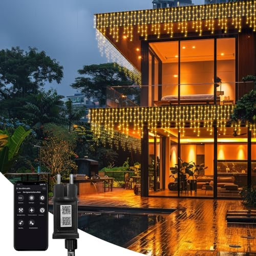 Eisregen Lichterkette mit App Steuerung,15m 600er LED Lichterkettenvorhang mit musikalischem Rhythmus, IP44 wasserdicht 8 Modi für Schlafzimmer Hochzeit Weihnachten Party Halloween Garten Deko