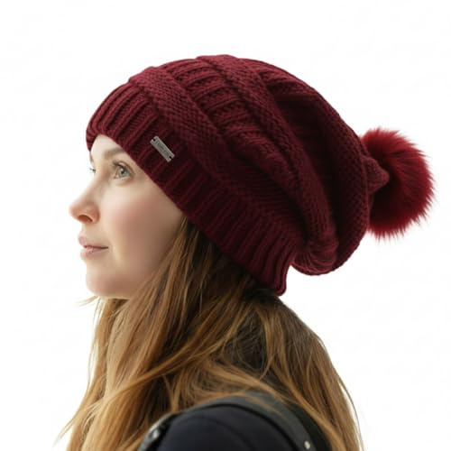 TOP-EX PolarWool™ Bonnets souples 100 % laine pour femmes – Bonnets d'hiver en laine pour dames avec pompon en fourrure chic, doublure en satin ou polaire, M/L