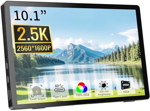 Pisichen Tragbarer Monitor Touchscreen, QHD 2,5K(2560 x 1600) IPS 10,1 Zoll Portable Touchscreen Display, Externer HDMI USB-C Monitor für PC Laptop PS4 Xbox, Integrierte Lautsprecher