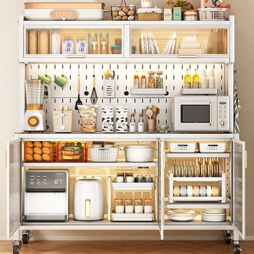 Estante para horno de microondas de 5 niveles con tablero de clavijas, armario de almacenamiento para microondas, armarios de cocina con almacenamiento y puerta abatible, plano posterior creativo para