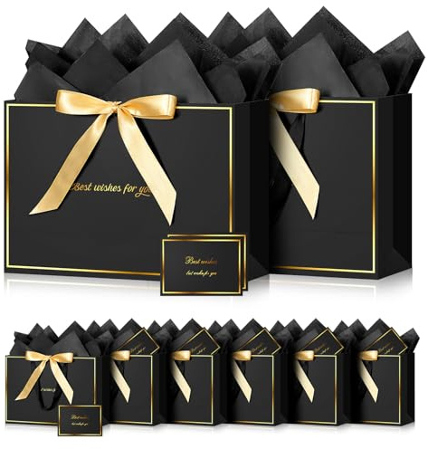 BBLIKE 8 Pcs Sacchetti Regalo di Compleanno - Buste Regalo Grande Nero Oro, Lusso Sacchetto Regalo Contiene 10 Fogli di Carta 8 Carte per Uomini Donne, Sacchettini Regalo Premium, Decorazione Festiva