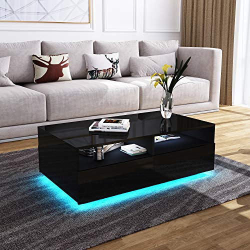Komtopod Couchtisch für Wohnzimmer, Hölzerner Mitteltisch Teetisch, Schwarz Glanz Couchtisch mit LED-Beleuchtung, Rechteckiger Wohnzimmertisch Beistelltisch mit 4 Schubladen & Offenem Fach