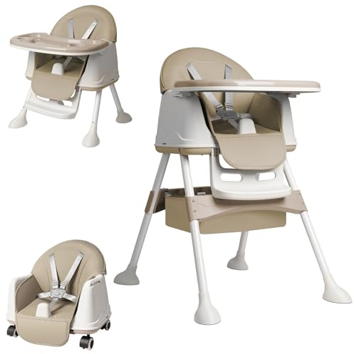 YARDIN Trona 3 en 1 para niños, plegable, con ajuste de altura, bandeja doble, asiento extraíble y ruedas, trona combinada multifuncional para comidas y actividades, color beige