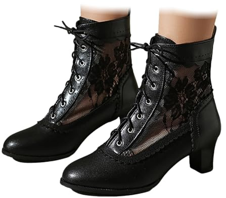 Botas cortas con tiras y acabado de charol para mujer, tacón medio, calzado de fiesta con malla de encaje semitransparente, zapatos tradicionales del Oktoberfest, zapatos de baile bávaro alemán