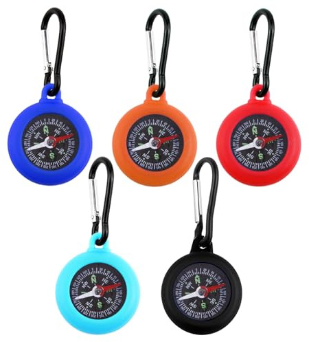 5 Piezas Brújula de Camping Colorida para Niños con Mosquetón, Compás de Senderismo Compacto para Actividades al Aire Libre, Ideal para Acampar y Emergencias