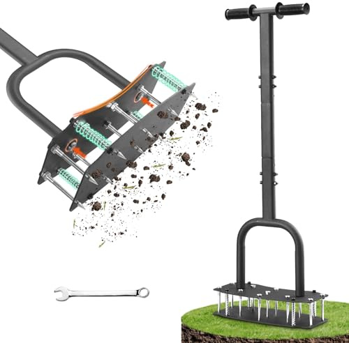 AHXPOCF Lawn Aerator Tool for Clay Soil - Kick to Unclog & Bolt-On Base Never Breaks - 11 Heavy Duty 3.5” Spikes for Deeper Penetration - Pre Assembled 12.2x6” Plate