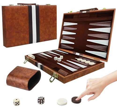 RNPKZ Backgammon Set, 11 Inch Portable Travel Backgammon Set with Premium Leather Case, Folding Classic BackgammonSets, 2 Players Classic Backgammons Board Game for Kids Adults Family Party (Brown)