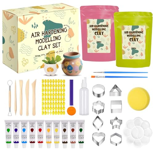 selliner Air Dry Clay Pottery Kit 1KG,Beginners Home Pottery Kit for Adults,DIY Craft Kit for Adult. Includes:Sculpting Pottery Tools and Step-by-Step Guide,Great for Date Night, Arts Crafts Hobby