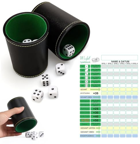AEKZOX Set di Dadi da Gioco Completo con 2 Bicchieri in Pelle, 10 Dadi, Tappetino Pieghevole e Blocco Segnapunti per Adulti e Bambini
