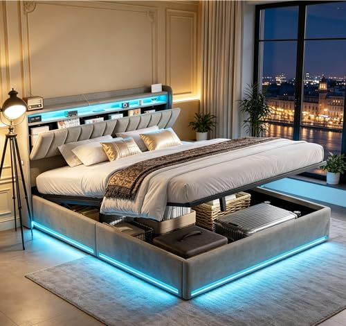 Cama Canapé 140x190 con LED y USB,Cama Tapizada 140x190 con Somier de Láminas y Cabecera,Camas Matrimoniales con Almacenamiento Hidráulico,para Adultos y Adolescentes, Terciopelo,Gris