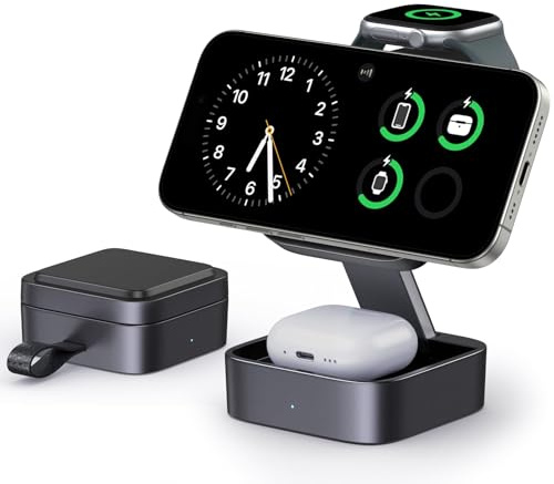 Keepro 3 in 1 Wireless Charging Station for iPhone Magnetic Portable, MagSafe Wireless Charger Stand for iPhone Air/17/16/15/14/13/12, AirPods Pro 3/2 Apple Watch (Adapter Included)-Black