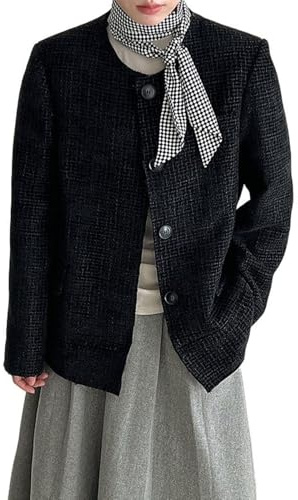 LoprNsdgt Damers Retro Rutig Tweed Kavaj Tröjkrage Lös Höst Casuall Elegant Kappa med Fickor,Black,L
