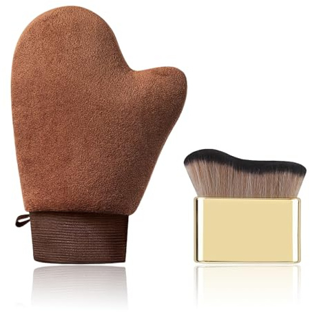 Guante Autobronceador y Brocha de Maquillaje, Manopla Aplicadora de Bronceado con Banda Elástica Marrón, Kit de Aplicador para Autobronceadores Corporales y Faciales, Acabado Uniforme Sin Manchas