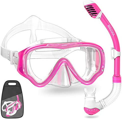 WACOOL Snorkeling Snorkel Diving Scuba Package Set Gear for Kids Youth Junior Anti-Fog Coated Glass with Silicon Mouth Piece Purge Valve and Anti-Splash (Pink)