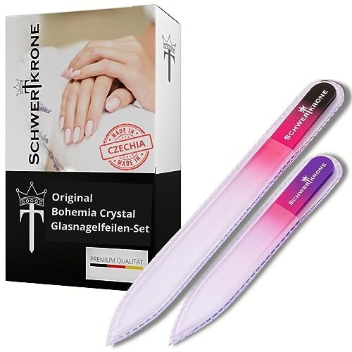 SCHWERTKRONE Set di Lima per Unghie in Cristallo - 14 cm e 9 cm - a Doppia Faccia - Lima per Unghie in Vetro originale della Repubblica Ceca
