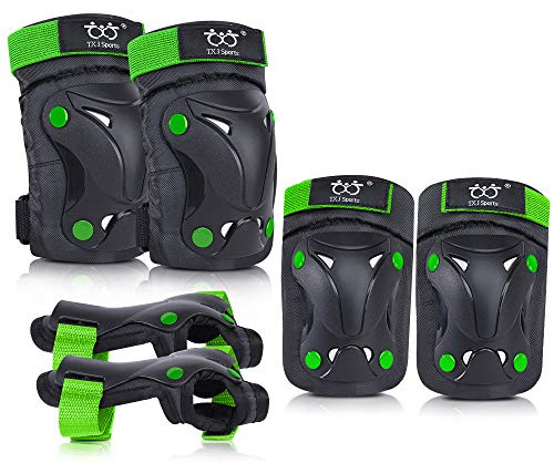 boruizhen Kids/Youth Knee and Elbow Pads with Wrist Guards Protective Gear Set for Skating Skateboarding Cycling Biking Scooter and Multi Sports (Black/Green, Medium (8-14 Years))