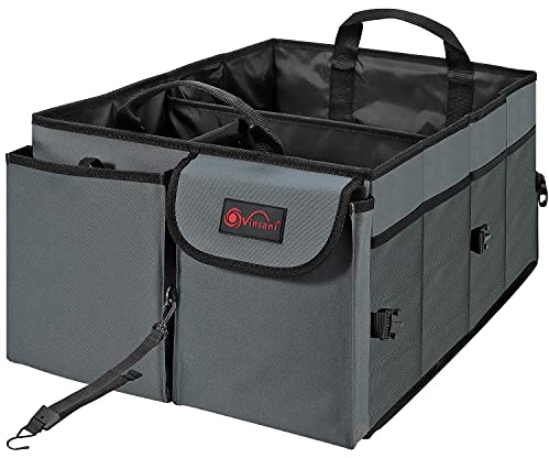 Vinsani Deluxe Car Boot Storage Organiser Bag Anti Slip Foldable Large Tool Box Interior Accessories Declutter Solution Sport Camping Kit Organizer - Suitable for All Vehicles (Grey)