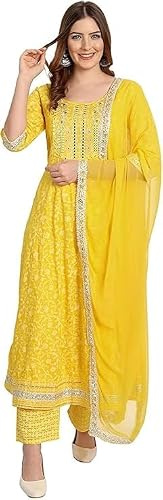 Rangnavi Women Rayon Anarkali Embroidered Printed Kurta Pant Set With Dupatta Yellow