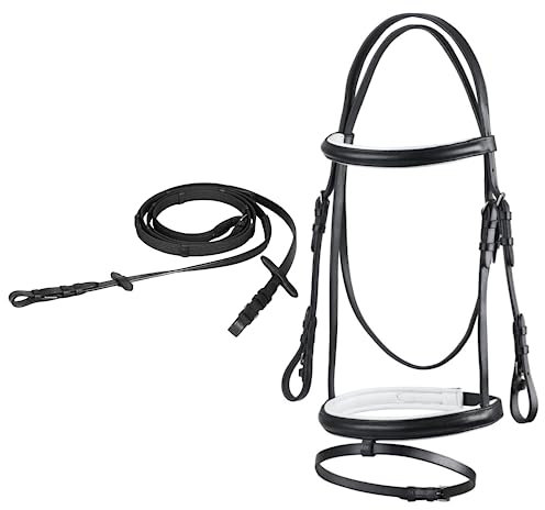 Start Trense Pferd mit Zügel – Anatomisches Trensenzaum Leder für Shetty, Pony, Vollblut, Warmblut, Kaltblut – Englisch kombiniertes Reithalfter, gepolstert & komfortabel (Full, Schwarz/Weiß)