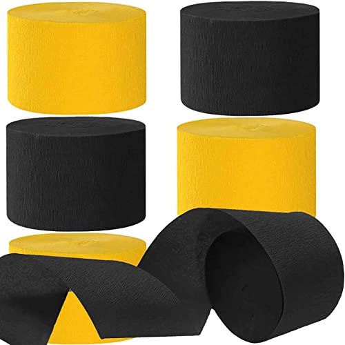 Serpentin en Papier Crépon Noir Jaune,Lot de 6 Rouleaux Papier de Noir Jaune Crêpe Streamers 4.5cm x 24m