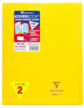 Clairefontaine 981406AMZC Un lot de 2 Cahiers Agrafés Koverbook 24x32 cm - 96 Pages Grands Carreaux - Papier Blanc 90 g - Couverture Polypro - Couleur : Jaune
