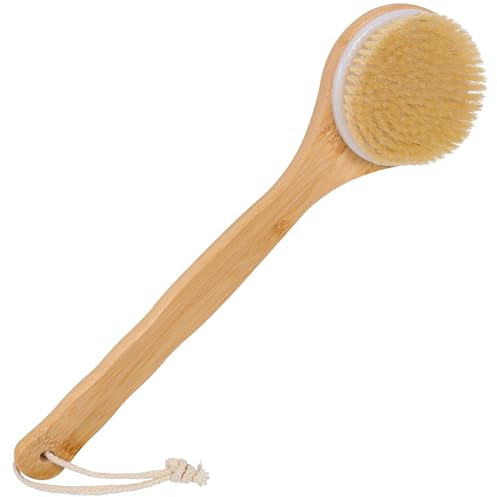 OWIIZI Spazzola scrubber per la schiena, per doccia, testa rotonda con setole per il corpo, per pulizia profonda del corpo, in bambù, con manico lungo, esfoliante per la pelle per uomini, donne,
