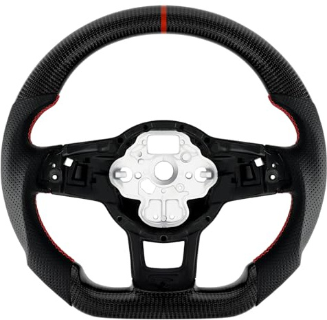 Acclcors Carbonfaser-Lenkrad, Lederlenkrad, D-förmiges Lenkrad mit flachem Boden und roten Nähten, perforierter Ledergriff für VW Volkswagen Golf MK7 GTI/R 2015-2019