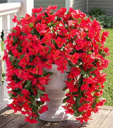 Faux Bougainvillea Artificial Flowers Plants for Outdoor Outside Decoration, 2 PCS Red Fake Flowers UV Resistant Look Real Silk Long Trailing Vines for Front Door Porch Planter Urn Patio Garden Yard